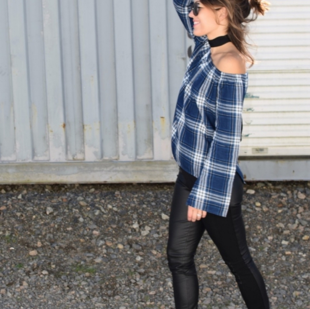 Cloth & Stone Blue Plaid NEW Off Shoulder Popover Blouse Size XS